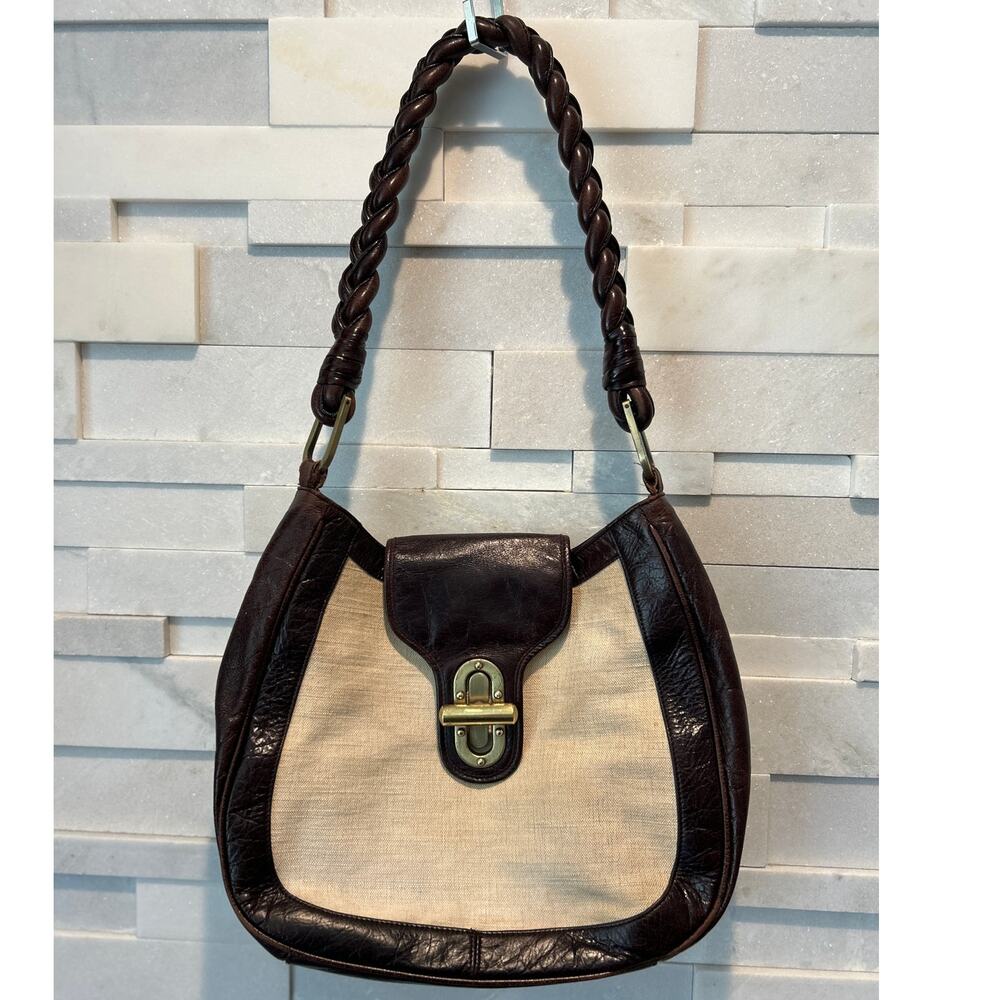 TRINA TURK Vintage Linen Leather Shoulder Bag Purse Cream Brown Braid Strap 90s
